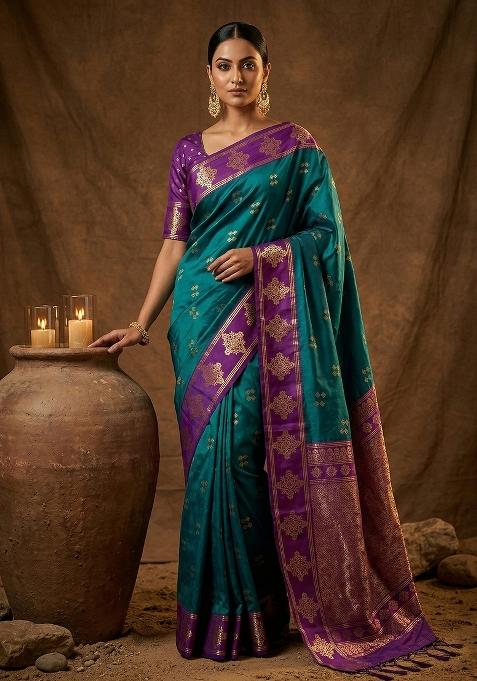 Teal Green Embroidered Banarasi Silk Blend Saree Set