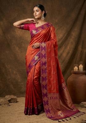 Orange Embroidered Banarasi Silk Saree Set