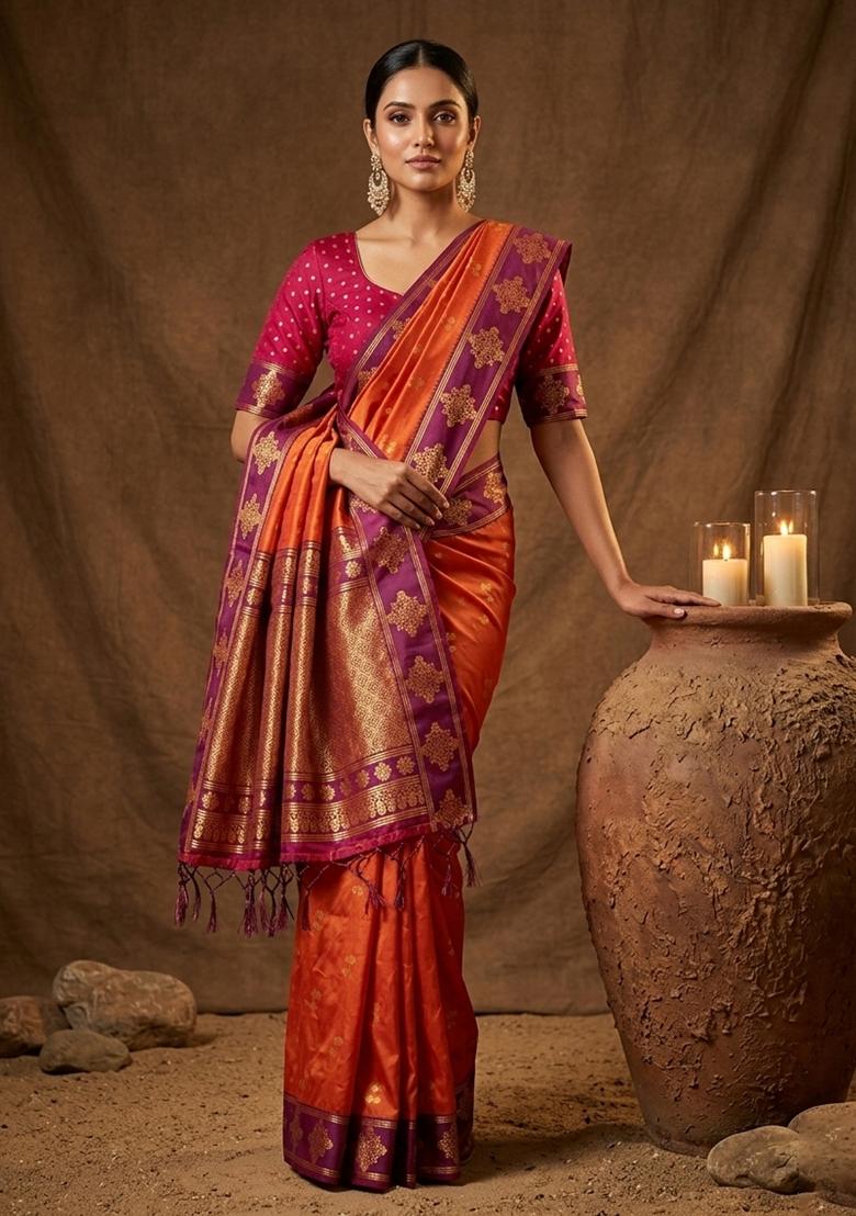 Orange Embroidered Banarasi Silk Saree Set - Indya