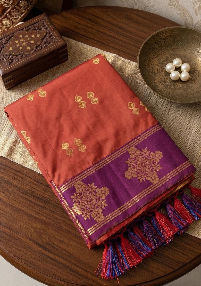 Orange Embroidered Banarasi Silk Saree Set - Indya