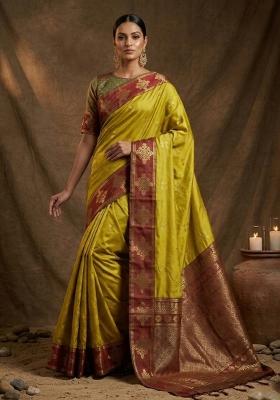 Mustard Embroidered Banarasi Silk Saree Set