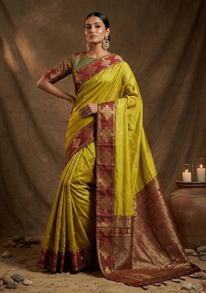 Mustard Embroidered Banarasi Silk Saree Set - Indya