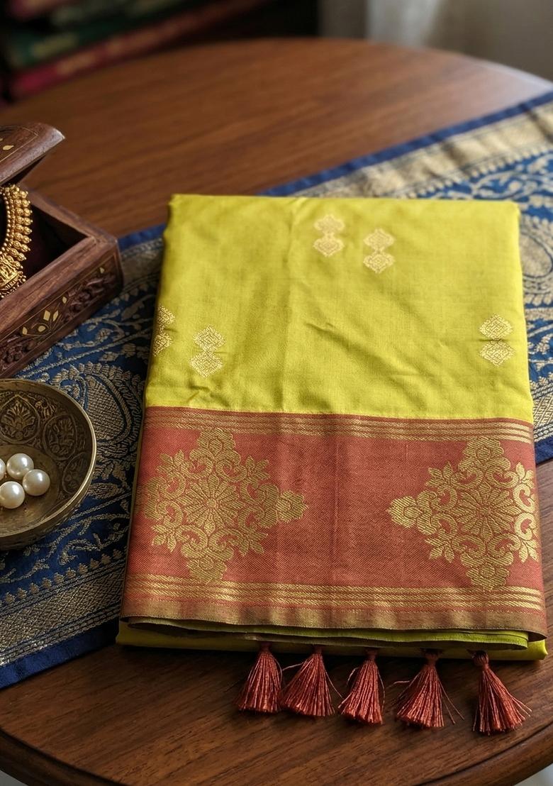 Mustard Embroidered Banarasi Silk Saree Set - Indya