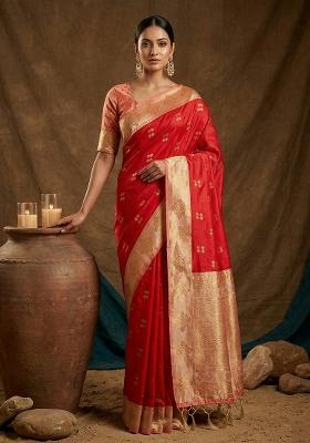 Red Embroidered Banarasi Silk Saree Set