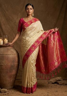 Cream Embroidered Banarasi Silk Saree Set