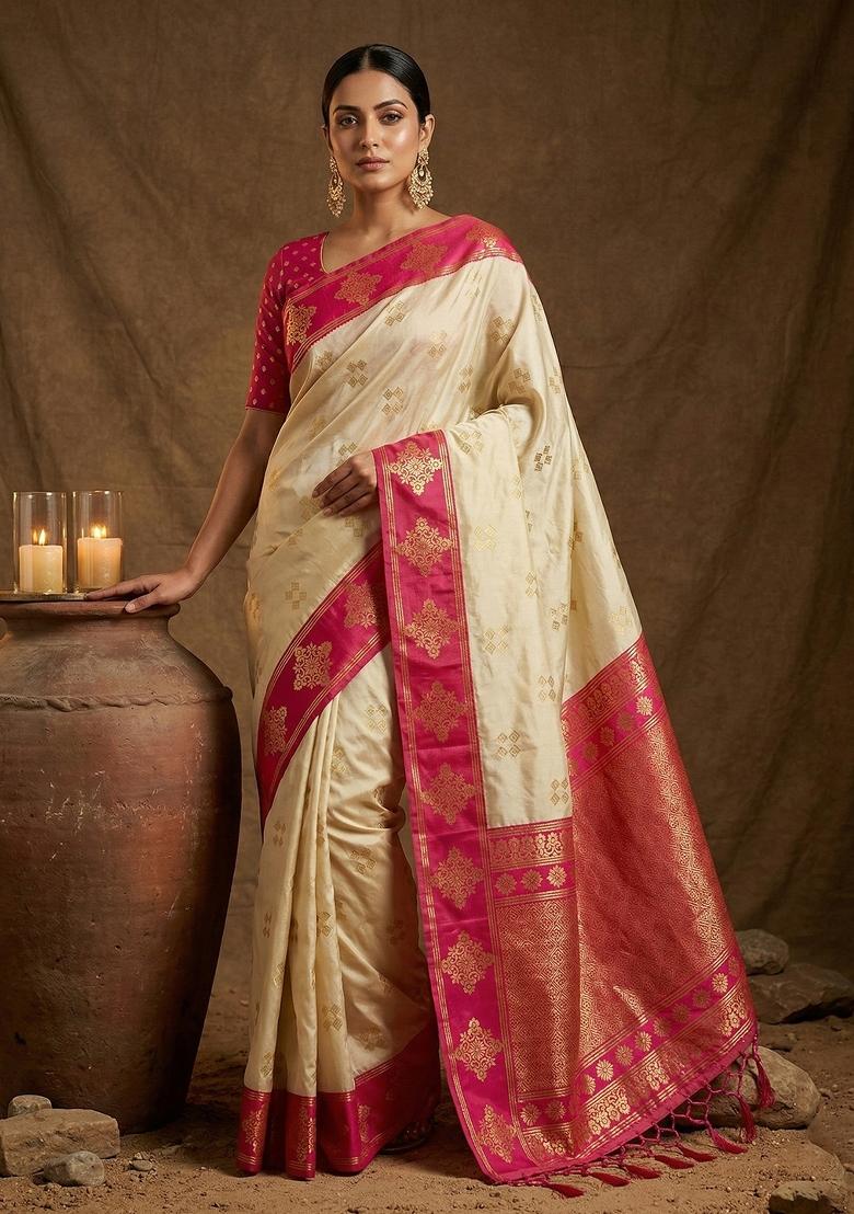 Cream Embroidered Banarasi Silk Saree Set - Indya