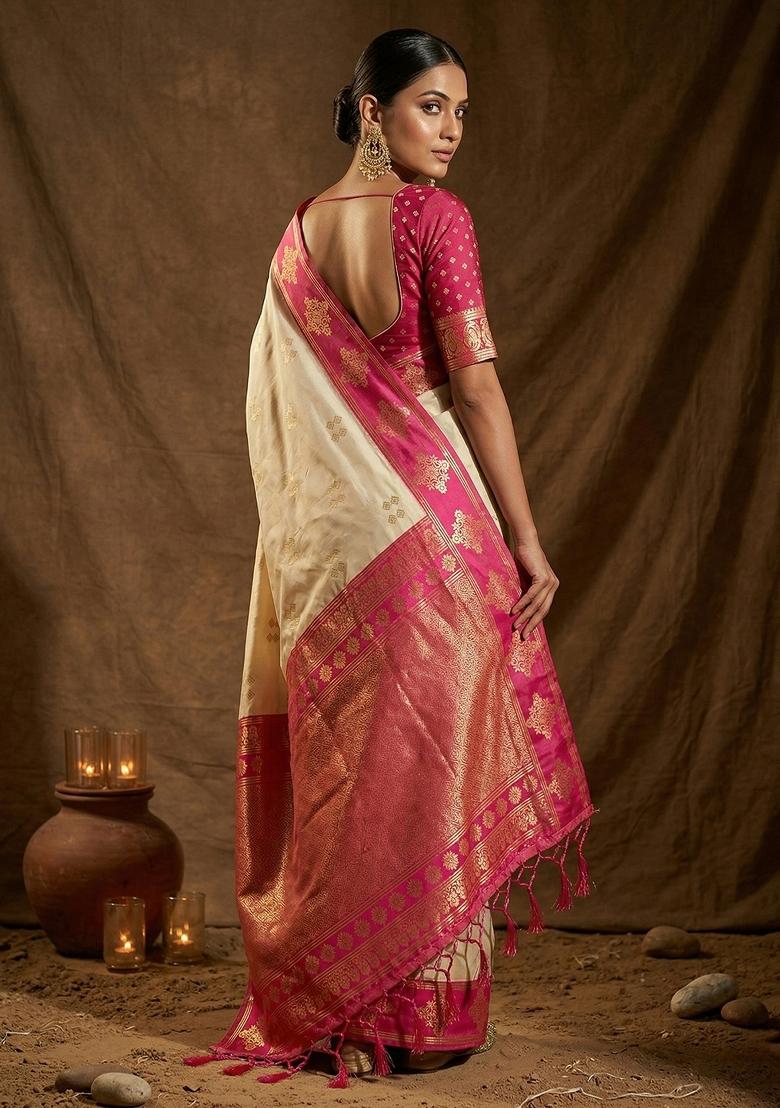 Cream Embroidered Banarasi Silk Saree Set - Indya