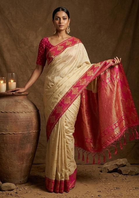 Cream Embroidered Banarasi Silk Saree Set