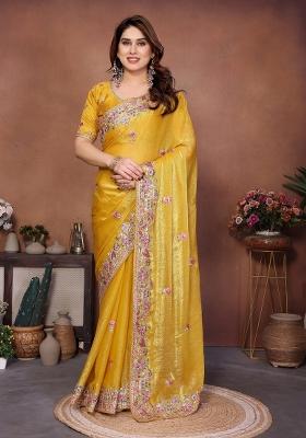 Yellow Embroidery Chiffon Saree Set