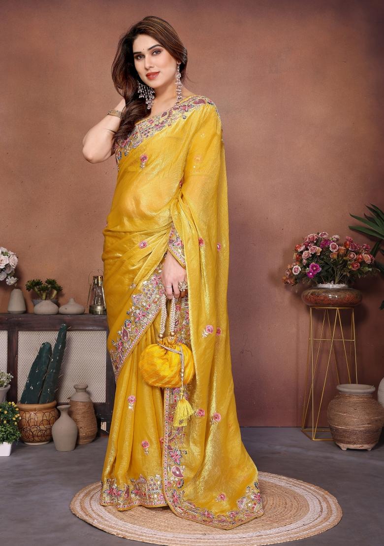 Yellow Embroidery Chiffon Saree Set - Indya