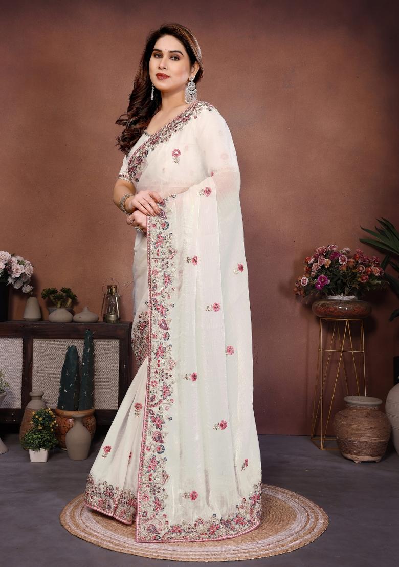 White Embroidery Chiffon Saree Set - Indya