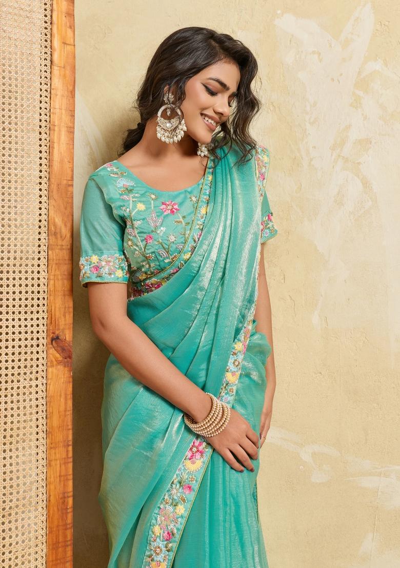 Firozi Embroidery Chiffon Saree Set - Indya