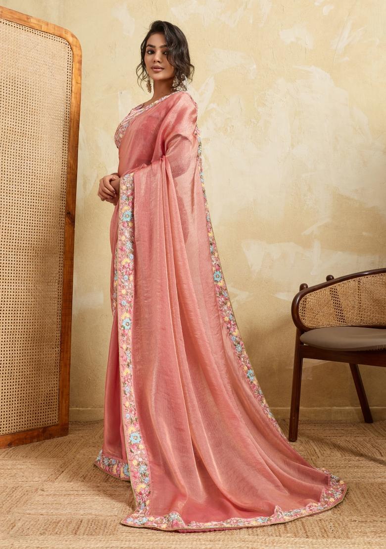 Pink Embroidery Chiffon Saree Set - Indya
