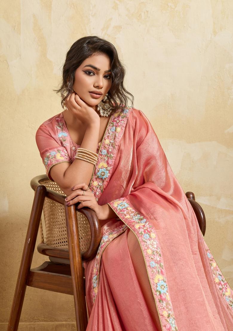 Pink Embroidery Chiffon Saree Set - Indya