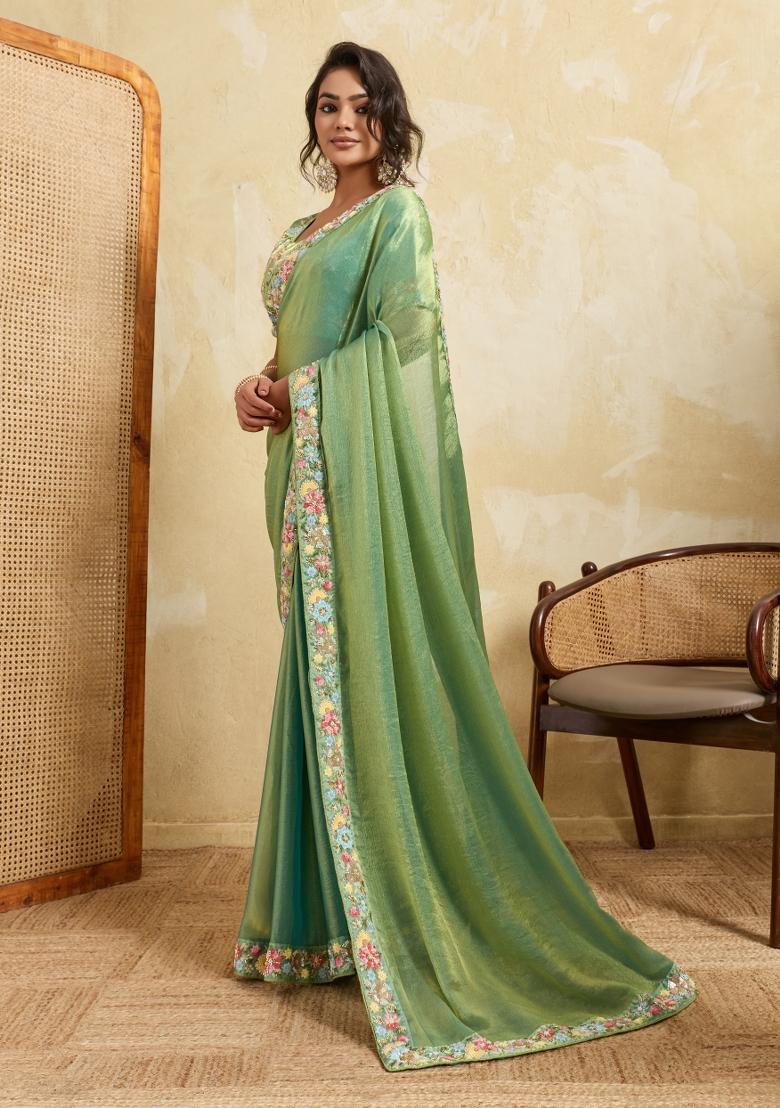 Pista Embroidery Chiffon Saree Set - Indya