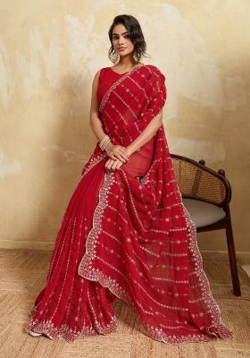 Red Embroidery Silk Saree Set