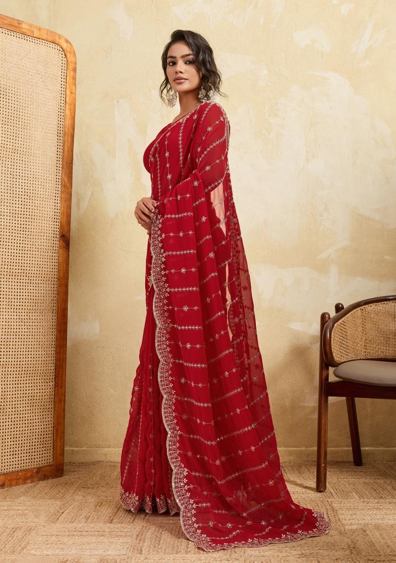 Red Embroidery Silk Saree Set - Indya
