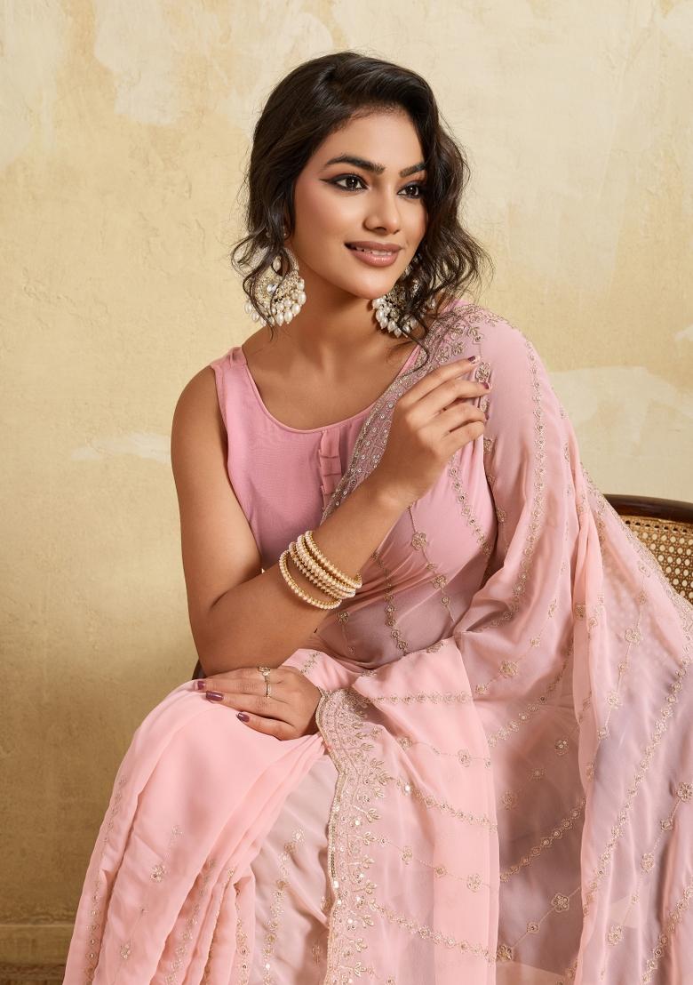 Pink Embroidery Silk Saree Set - Indya