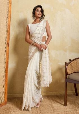 White Embroidery Silk Saree Set