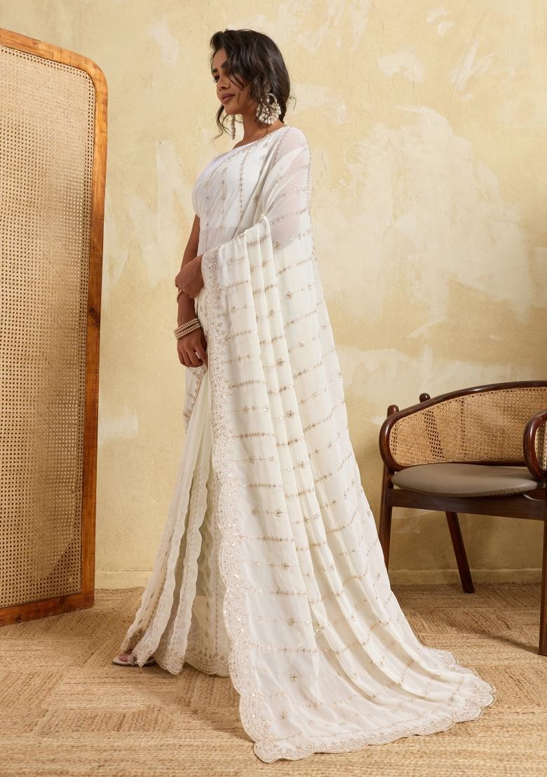 White Embroidery Silk Saree Set - Indya
