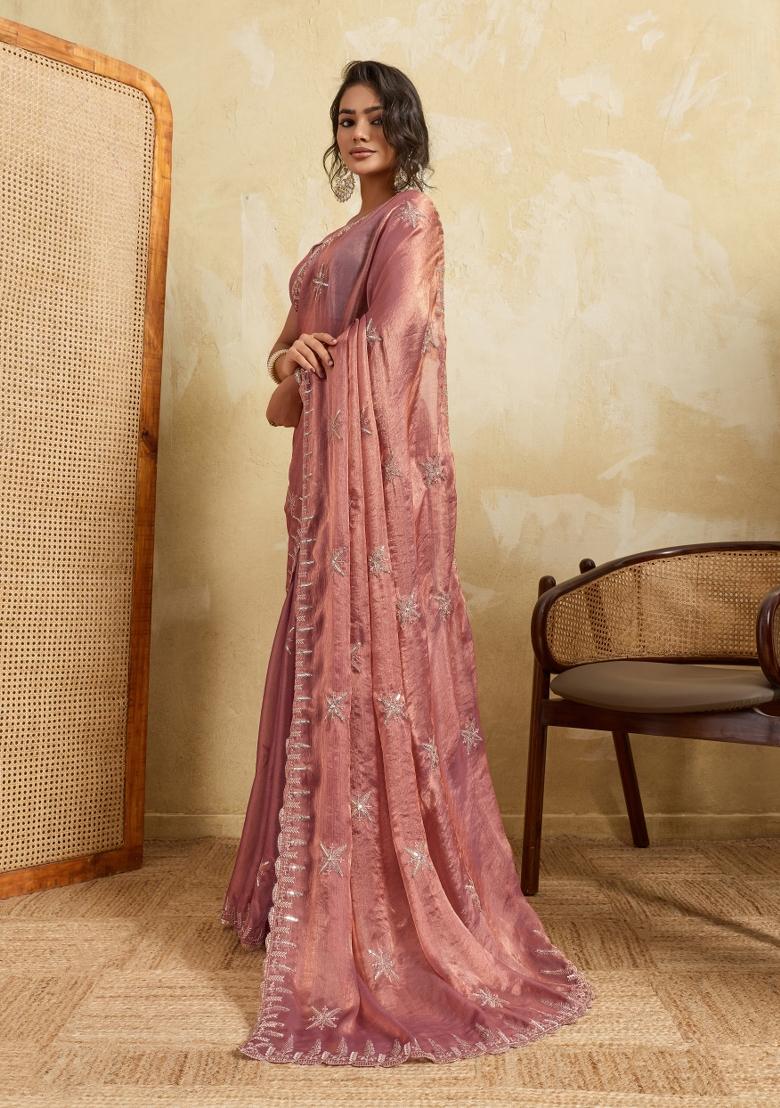 Pink Embroidery Chiffon Saree Set - Indya