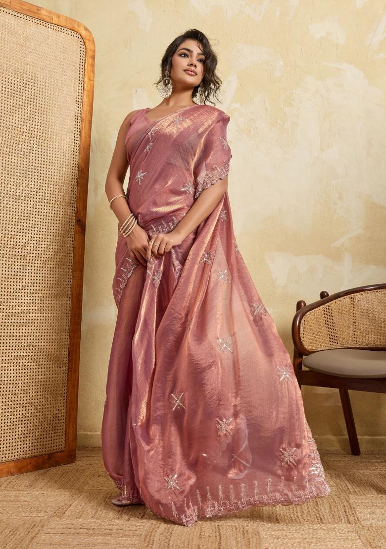 Pink Embroidery Chiffon Saree Set - Indya