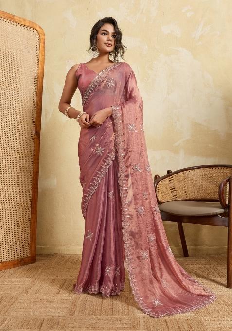 Pink Embroidery Chiffon Saree Set