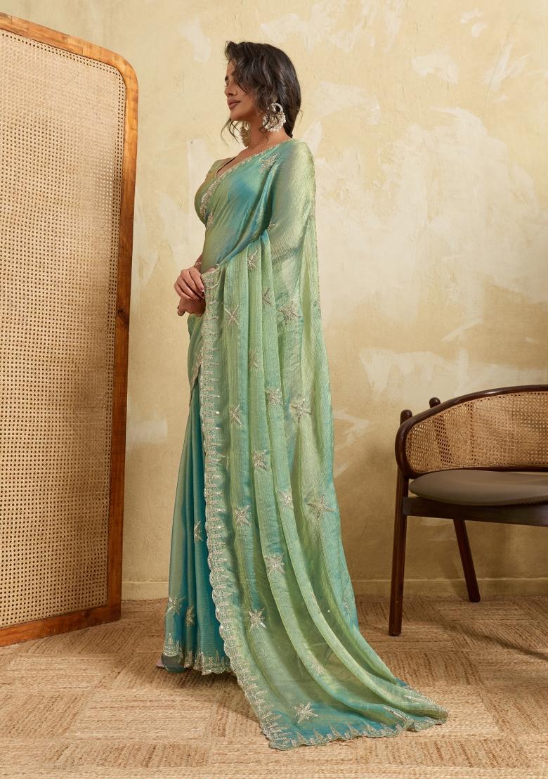 Firozi Embroidery Chiffon Saree Set - Indya