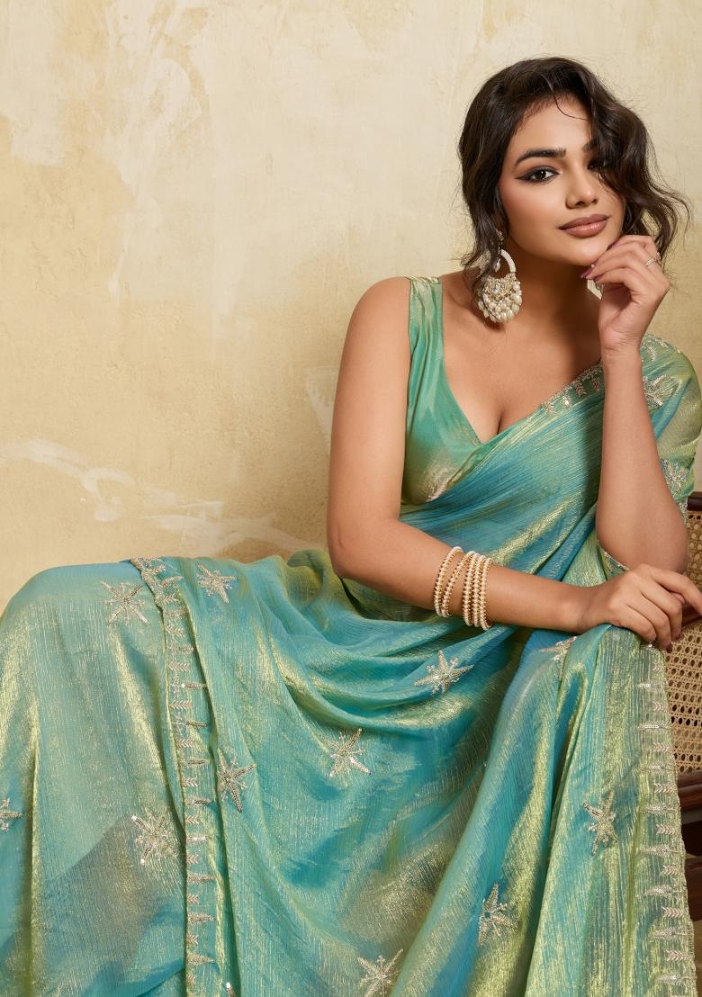 Firozi Embroidery Chiffon Saree Set - Indya