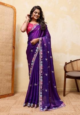 Blue Embroidery Satin Saree Set