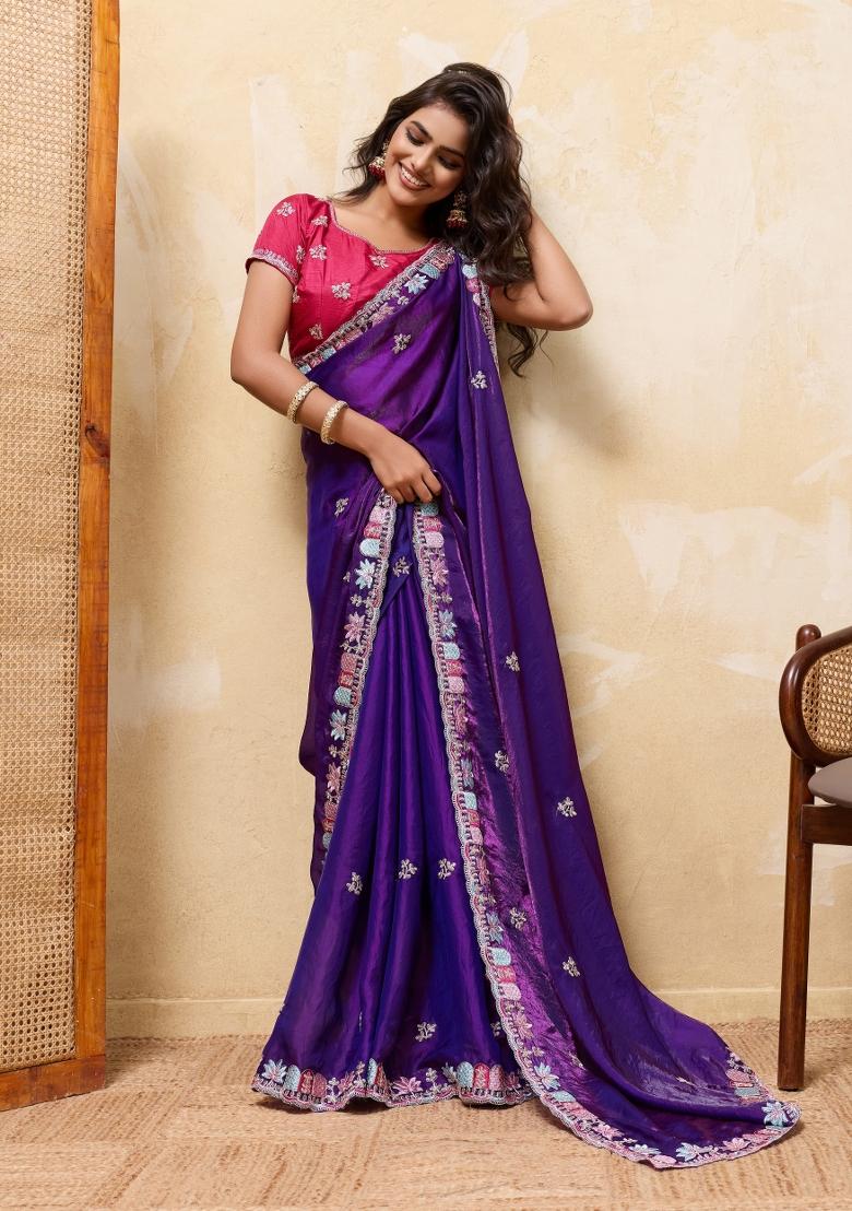 Blue Embroidery Satin Saree Set - Indya