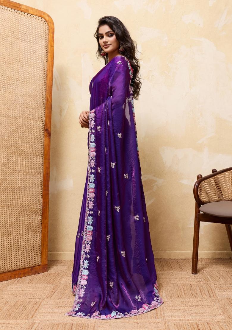 Blue Embroidery Satin Saree Set - Indya