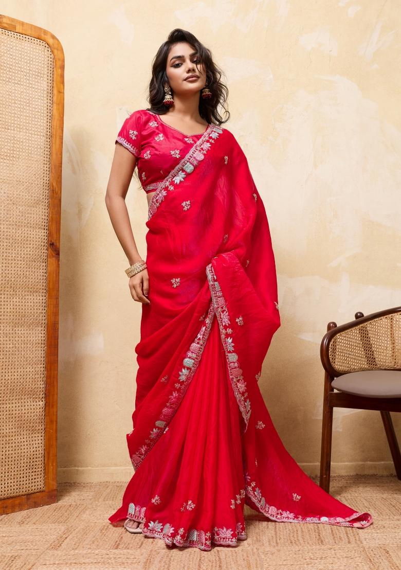 Red Embroidery Satin Saree Set - Indya