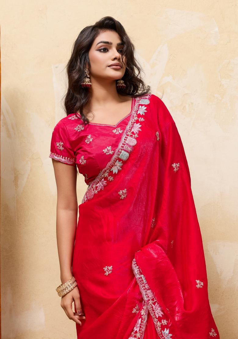 Red Embroidery Satin Saree Set - Indya