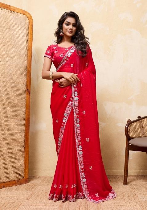 Red Embroidery Satin Saree Set — view on Indya