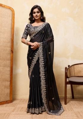 Black Embroidery Silk Saree Set