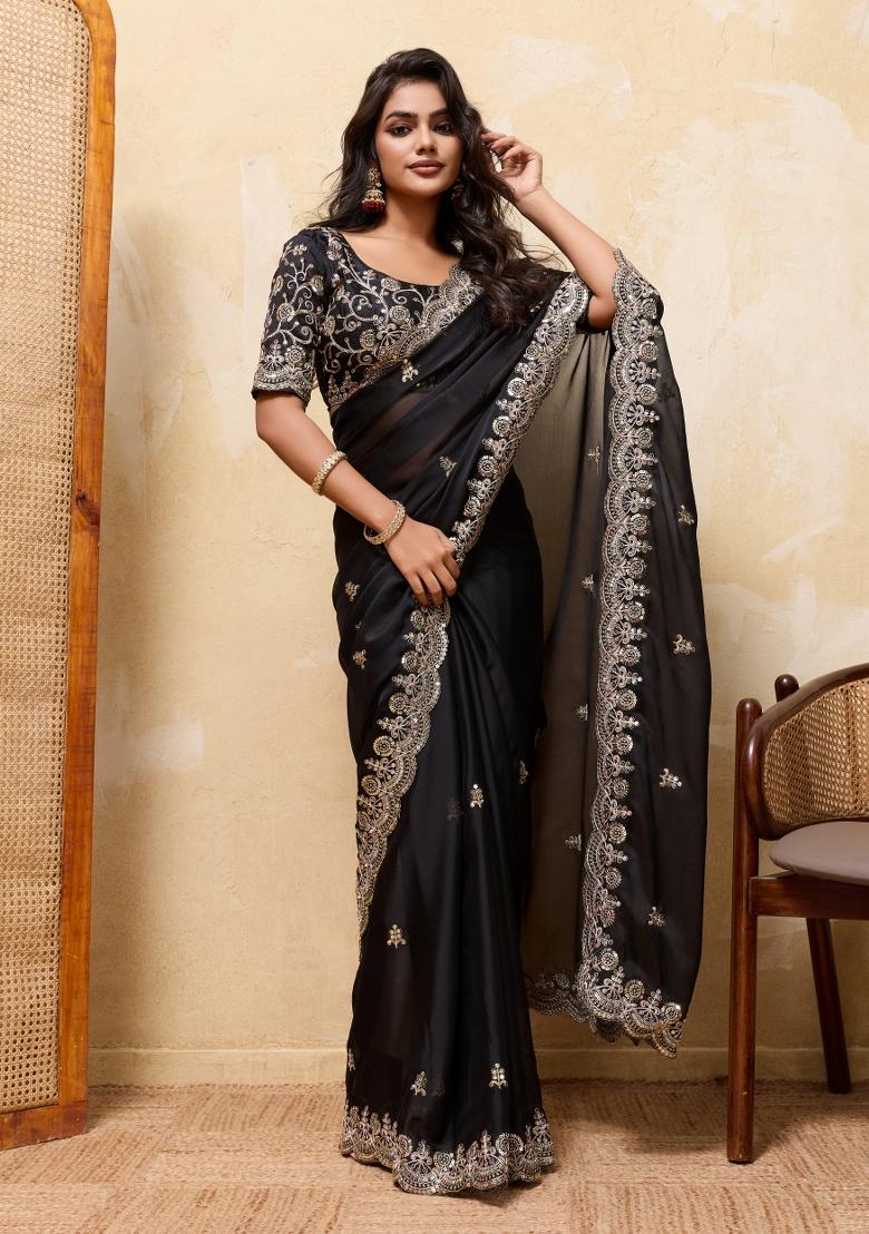 Black Embroidery Silk Saree Set - Indya