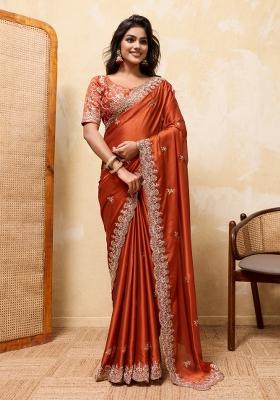 Orange Embroidery Silk Saree Set
