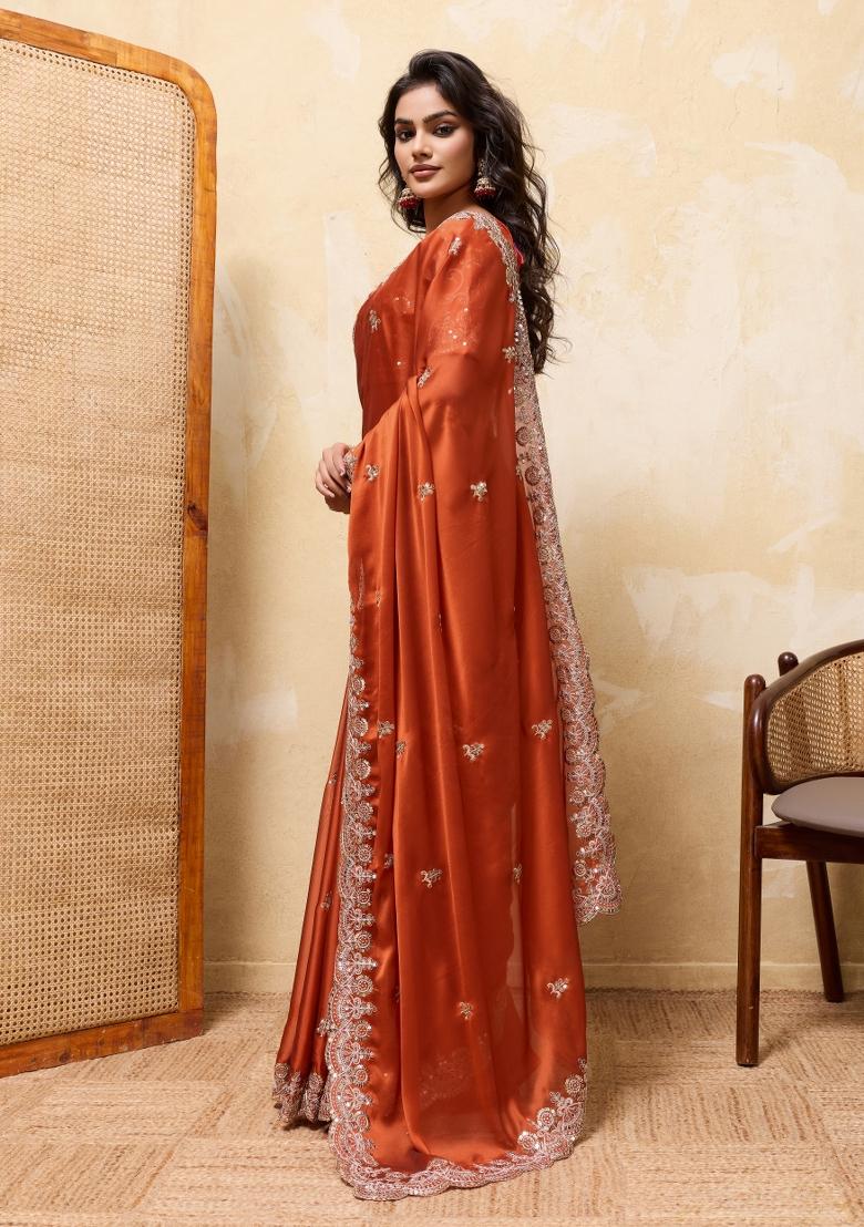 Orange Embroidery Silk Saree Set - Indya