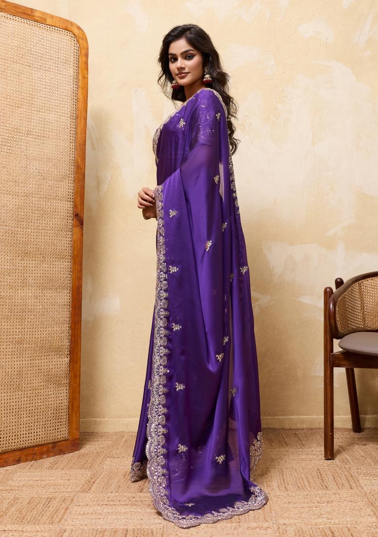 Red Embroidery Silk Saree Set - Indya