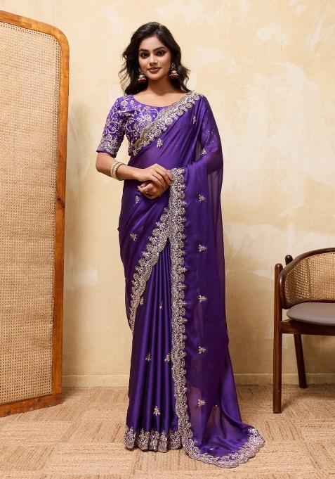 Red Embroidery Silk Saree Set — view on Indya