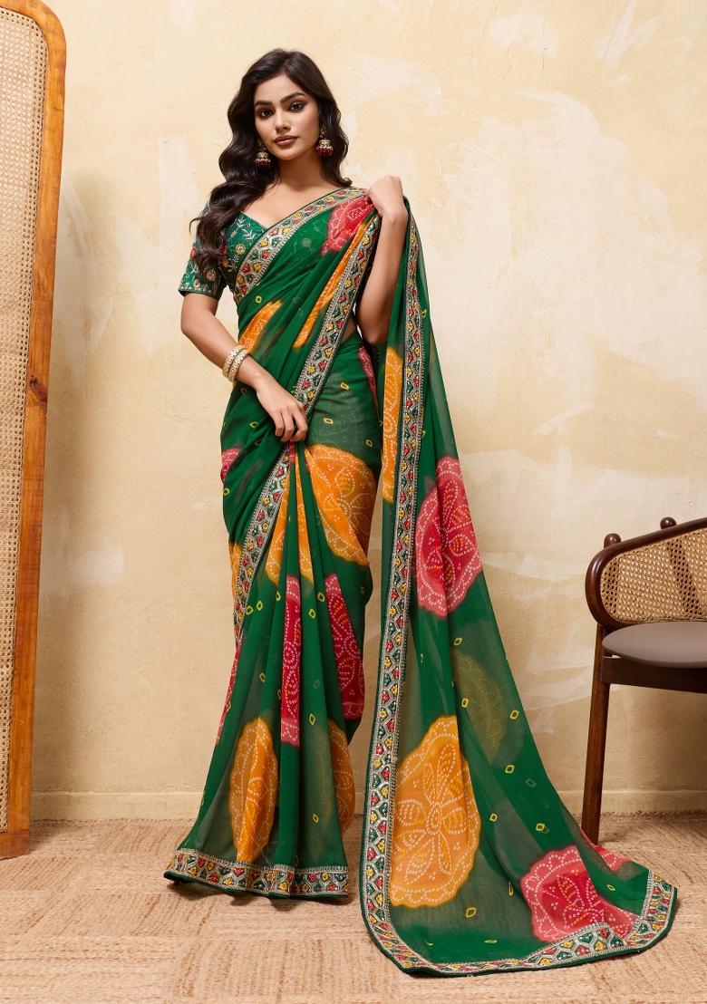 Green Embroidery Georgette Saree Set - Indya