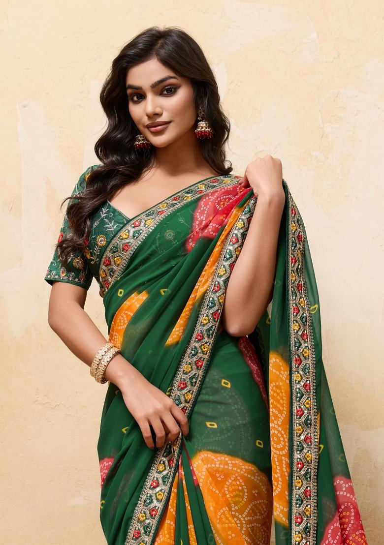 Green Embroidery Georgette Saree Set - Indya