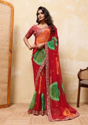 Red Embroidery Georgette Saree Set