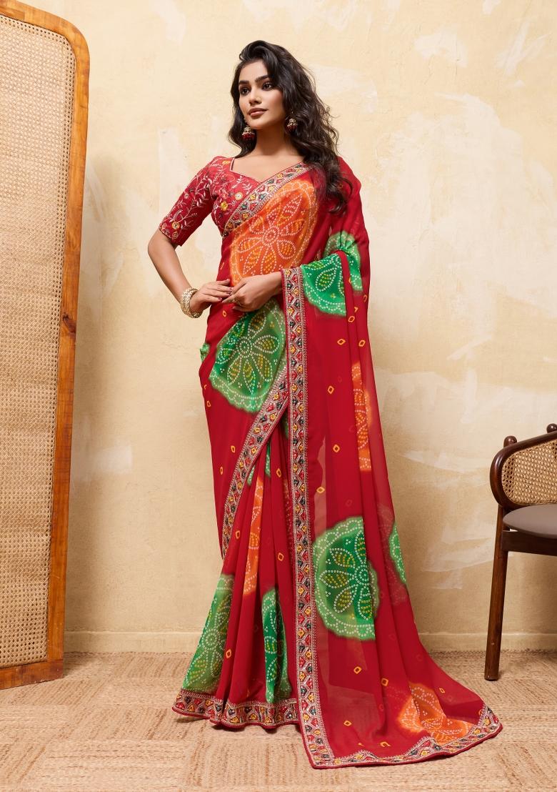 Red Embroidery Georgette Saree Set - Indya