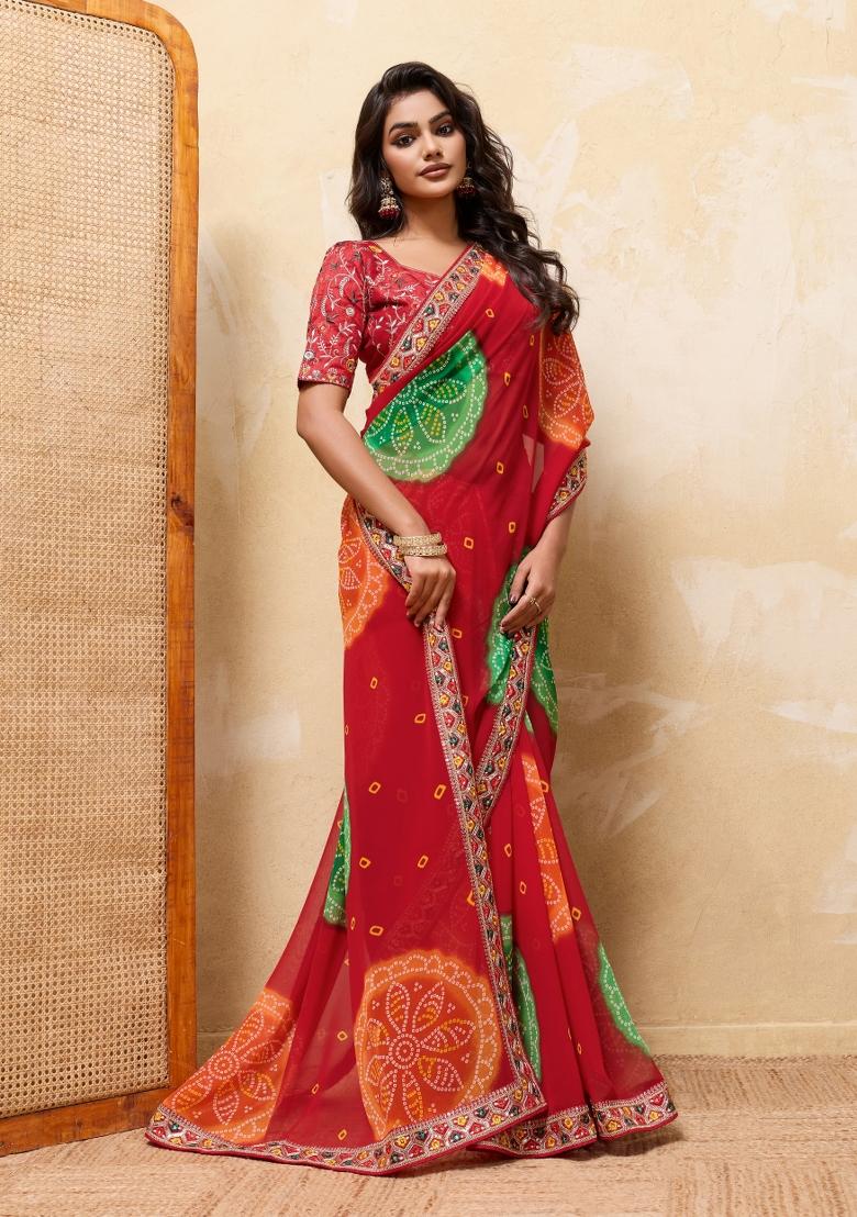 Red Embroidery Georgette Saree Set - Indya