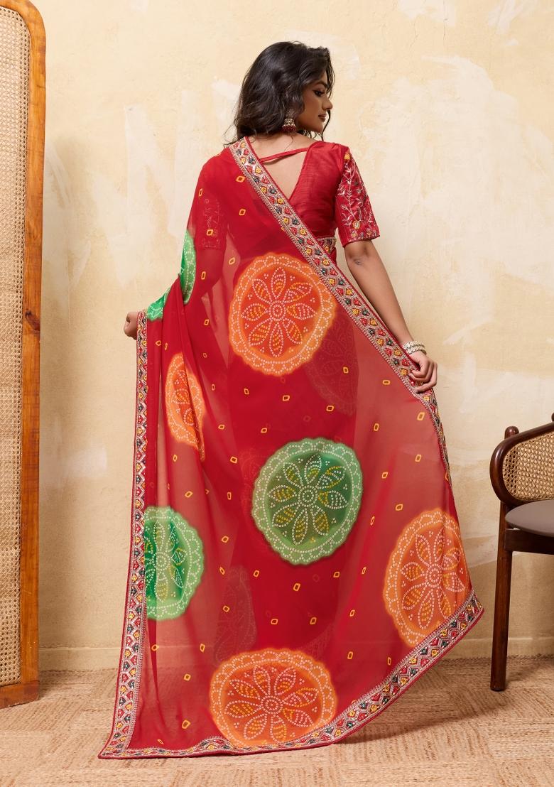 Red Embroidery Georgette Saree Set - Indya