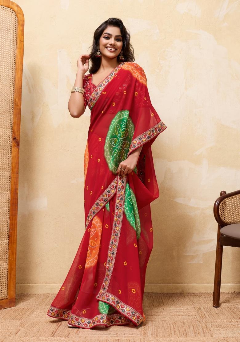 Red Embroidery Georgette Saree Set - Indya