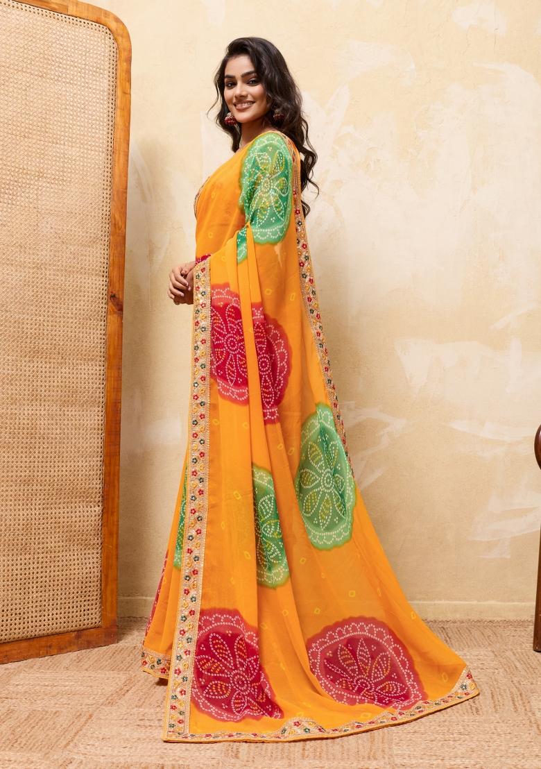 Yellow Embroidery Georgette Saree Set - Indya