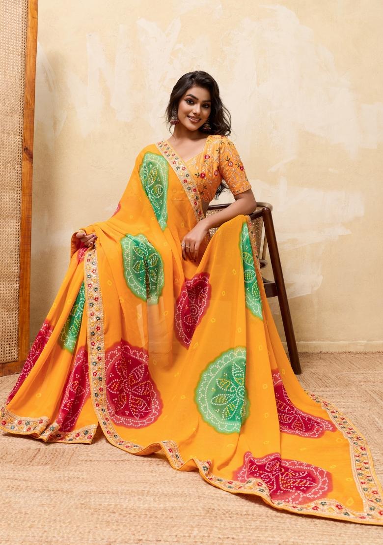Yellow Embroidery Georgette Saree Set - Indya